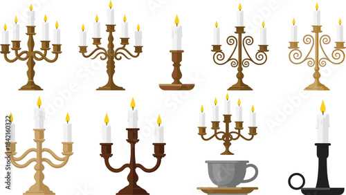 Collection of antique candelabras and single candle holders with lit white candles