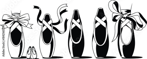 Collection of black and white ballet pointe shoes with ribbons and bows ballet shoes