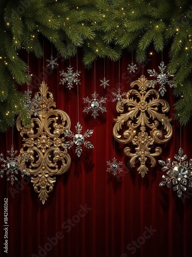 Background Ornate gold decorations, snowflakes, pine, red curtain