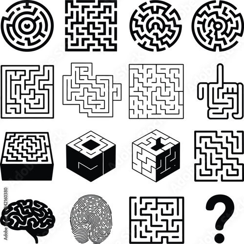 Collection of diverse maze puzzles and cognitive icons