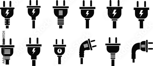 Collection of black electrical plugs with lightning bolt symbols and various cord designs