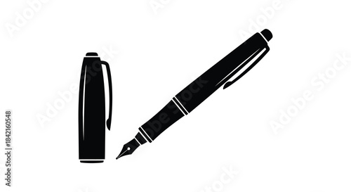 Black fountain pen and its cap depicted in a minimalist striking black and white silhouette
