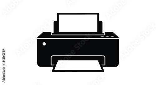 A stark black outline depicts a modern office printer clearly showing its form as a silhouette