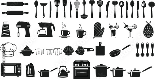 Collection of black kitchen utensils and appliances silhouettes on white background