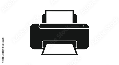 A stark black outline of a modern inkjet printer against a white background silhouette