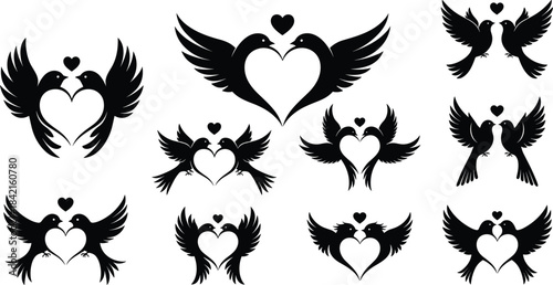 Collection of black silhouette love birds forming hearts with small hearts above