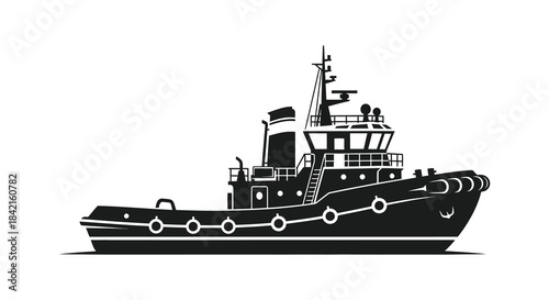 Detailed black and white illustration of a powerful tugboat at sea a striking silhouette