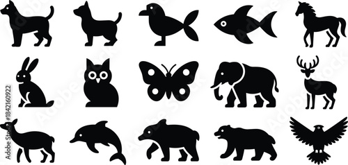 Collection of black animal silhouettes on white background bird fish