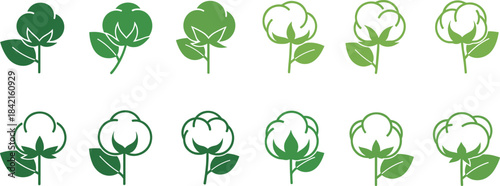 Collection of green cotton plant icons with leaves and bolls leaf