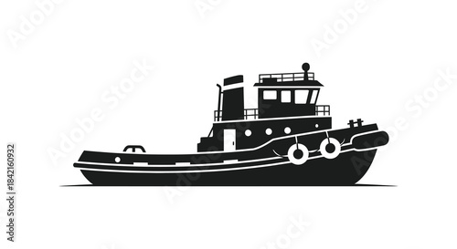 A striking black silhouette of a powerful tugboat showcasing maritime strength and design silhouette