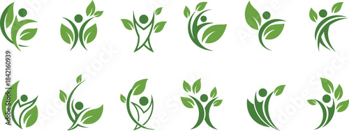 Collection of green human figures with leaves abstract logos person