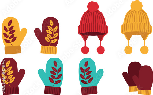 Collection of flat design winter hats and mittens with leaf motifs gloves
