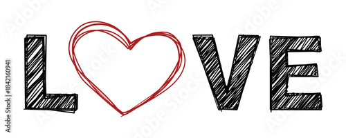 Love text in black with a red heart outline replacing the letter O without background.