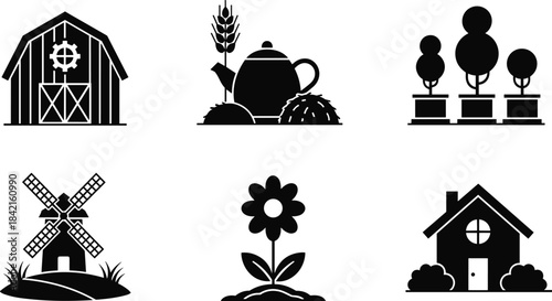 Collection of six black and white farm and garden icons including a barn windmill house flower and teapot
