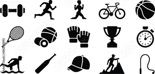 Collection of black sport and fitness icons on white background dumbbell running man