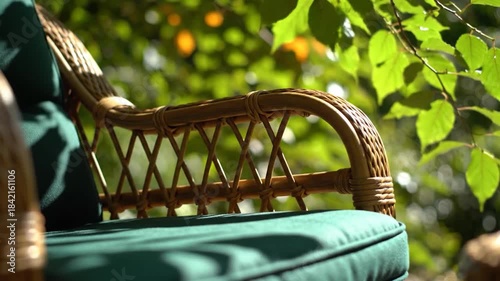 Wicker chair with green cushion outdoors in sunlight on a bright summer day with natural foliage background