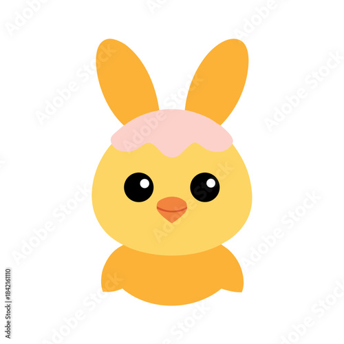 Cute cartoon chick illustration with orange bunny ears and a cracked pink eggshell on its head