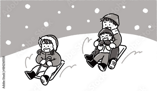 白い雪の中をソリで遊ぶ男の子と女の子のモノトーンイラスト