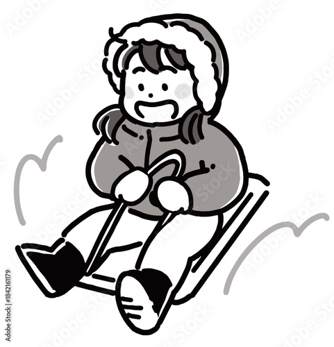 冬にソリで遊ぶ女の子のモノトーンイラスト