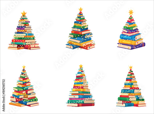 Creative Christmas Tree Made of Stacked Books. Colorful Book Pile with Fairy Lights. Vector Illustration for Education, Library, School and Reading Concept.