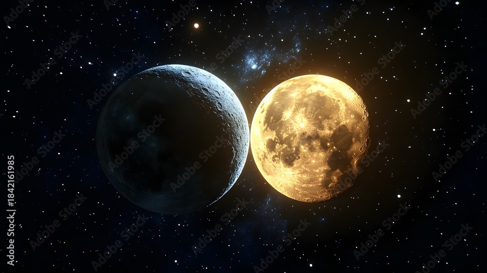 Naklejka premium Two celestial bodies in space with stars visible in the background at night