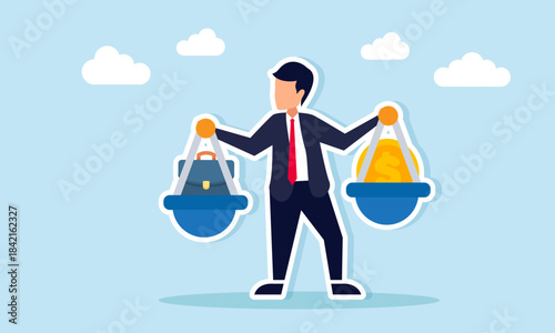 Businessman carrying two scales holding dollar coins and a briefcase illustrating balance between workload and salary or income