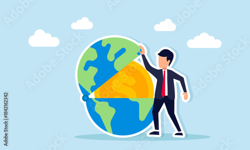 Businessman opening a globe piece and discovering a dollar coin illustrating profit from mining or natural exploration business