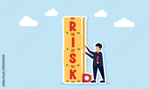 Businessman measuring the height of RISK boxes with a measuring tool illustrating calculated and measurable business risk management