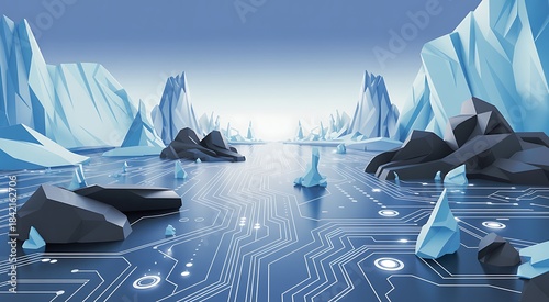 Digital arctic landscape with circuit patterns and geometric ice formations