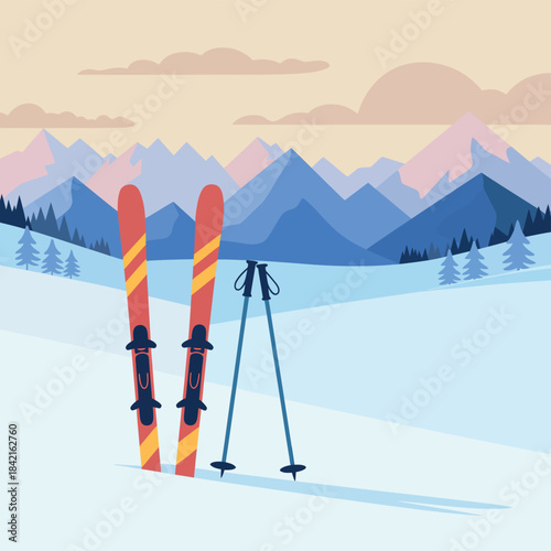 Red Ski Equipment at Ski Resort, Snowy Mountains Winter Morning Landscape Vector