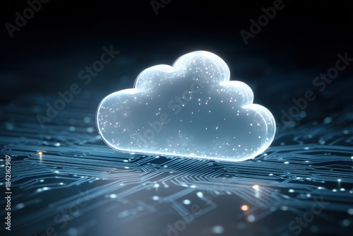 Stylized cloud icon surrounded by a circuit pattern on a deep blue background showcasing modern digital technology