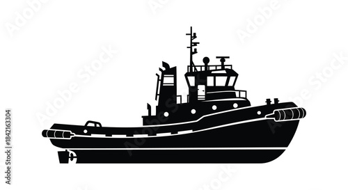 Detailed depiction of a powerful tugboat showcasing its form in a striking black silhouette