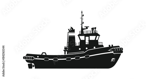 A striking black silhouette of a powerful tugboat navigating calm waters detailed ship illustration silhouette