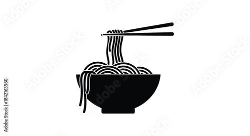 A minimalist depiction of ramen in a bowl with chopsticks presented as a striking silhouette