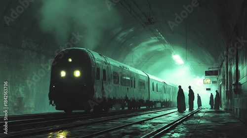 Mysterious Train Arriving at a Dark, Foggy Station.