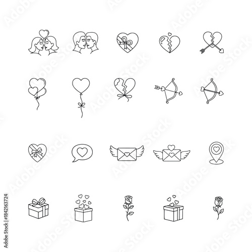 Valentine s day line art icons set with love symbols hearts gifts and roses Vector illustration