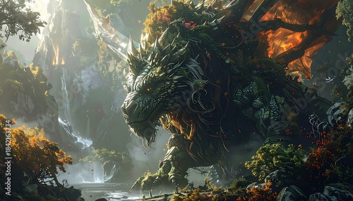 Mossy dragon amidst vibrant foliage in a lush environment, with a serene river and misty mountains