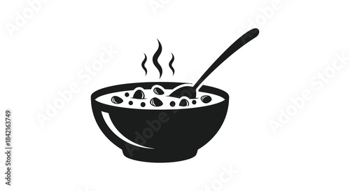 A steaming bowl of cereal with a spoon a simple breakfast depiction in silhouette