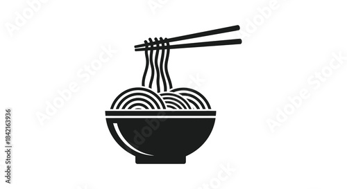 A minimalist depiction of a bowl of noodles with chopsticks presented as a striking silhouette