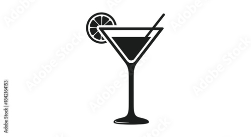 A striking black and white depiction of a classic cocktail glass with a citrus garnish silhouette