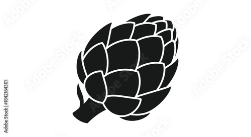 A striking black and white illustration of an artichoke depicted in a bold silhouette