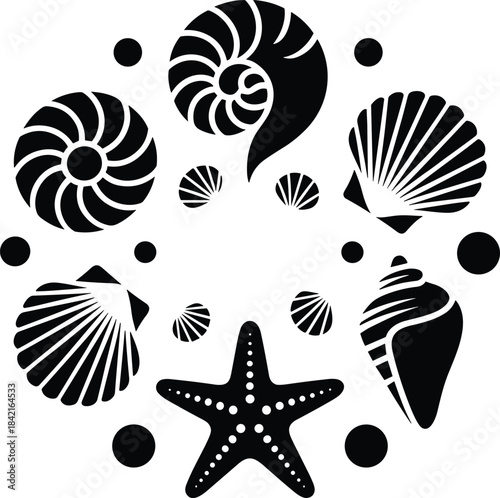 Black Sea Shell Mandala Vector Illustration – Starfish, Seashells, Nautical Circle Design