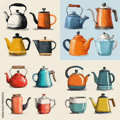 Watercolor illustration set of colorful enamel kettles and teapots arranged as collection perfect for kitchen decor culinary branding and retro home design.