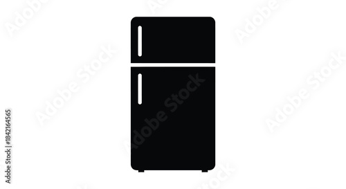 A stark depiction of a modern refrigerator in a flat solid black color silhouette