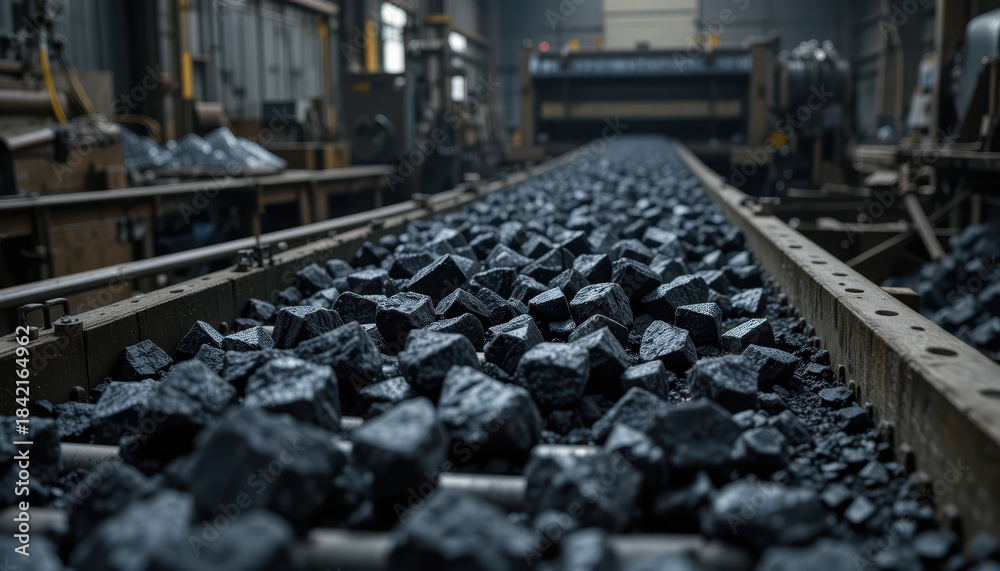 Fototapeta premium Coal processing action in industrial facility machinery environment close-up view of conveyor belt with raw material