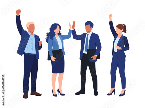 Four jubilant business professionals in sleek blue suits celebrate a shared victory, with a central high-five flanked by enthusiastic fist pumps, symbolizing the power of successful collaboration