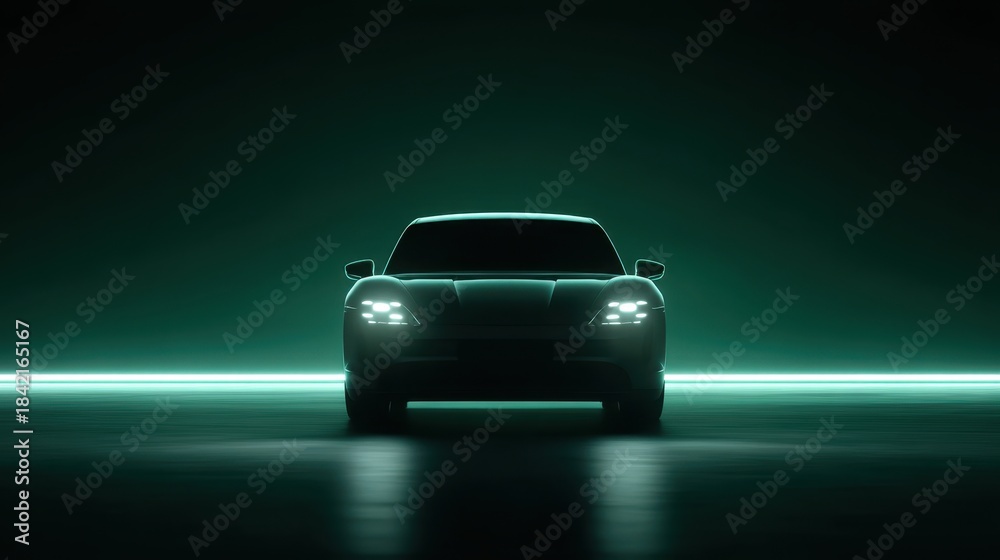 Fototapeta premium Modern car front view in dark studio with green lights, automotive design concept