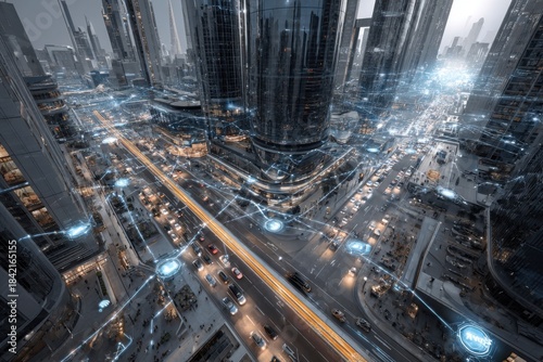 Smart transportation system enhances the flow of vehicles and pedestrians in a busy futuristic cityscape