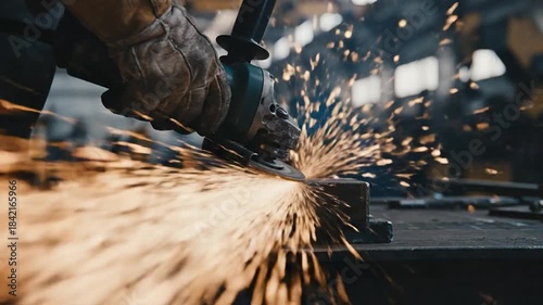 Worker using angle grinder on metal producing bright sparks in industrial setting