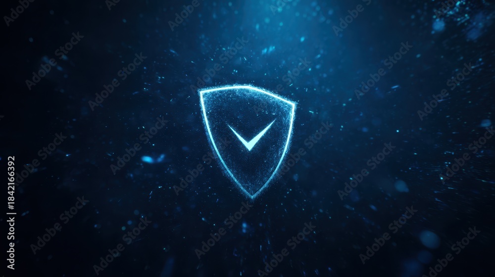 Fototapeta premium Glowing shield icon on dark background, cyber security and data protection